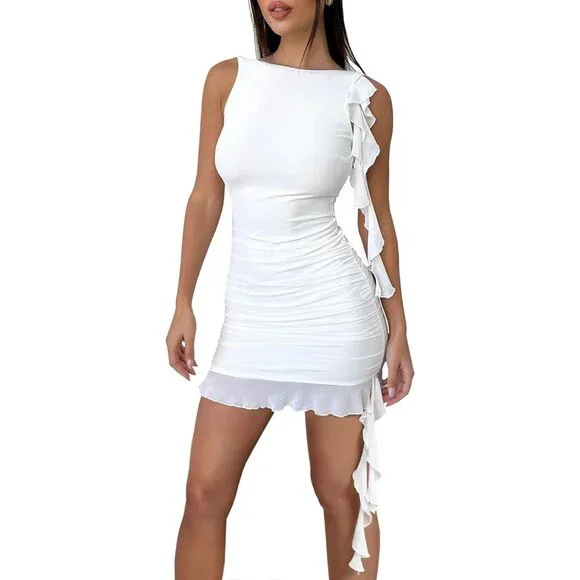 Dresses | Womens White Summer Sleeveless Crewneck Mesh Frills Ruffle Mini  Dress | Poshmark